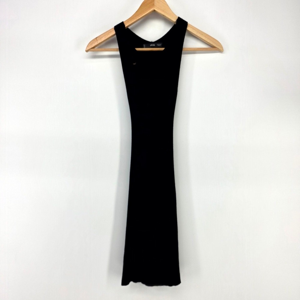 MNG Mango Ribbed Knit Dress Womens 2 Black Open Back Midi Bodycon Sleeveless LBD